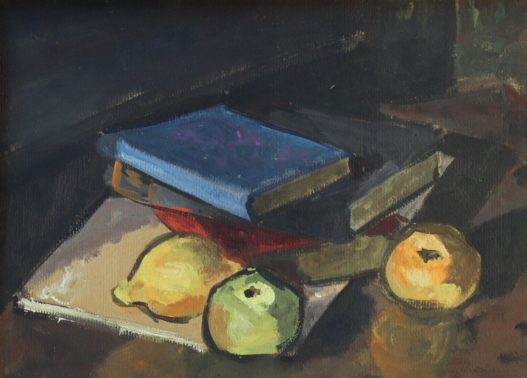 Stilleben mit Büchern und Früchten